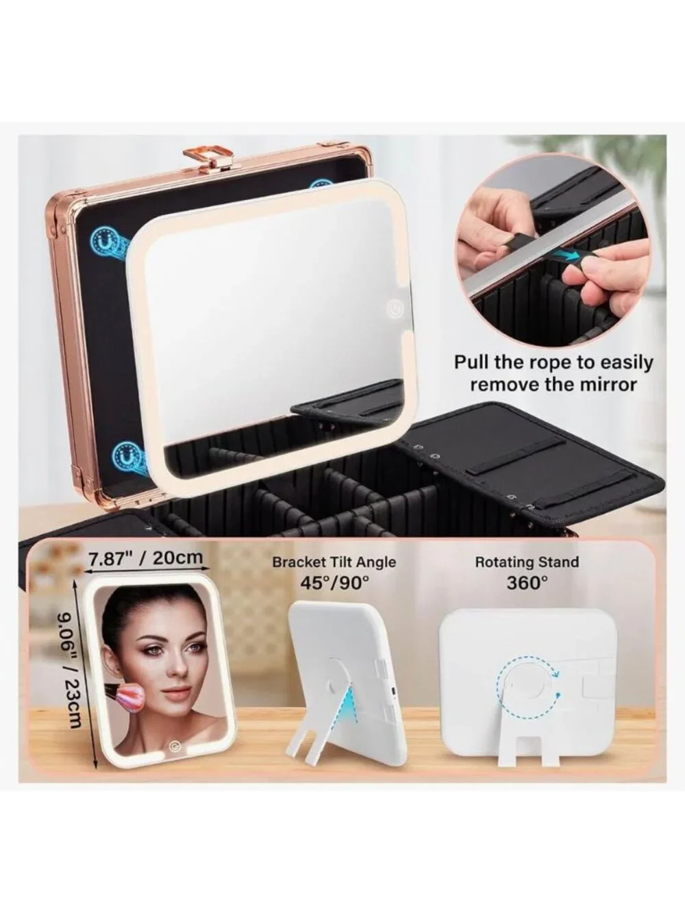 NEW! Travel Makeup Bag with Led Mirror, Hard Shell Case with 6 Detachable